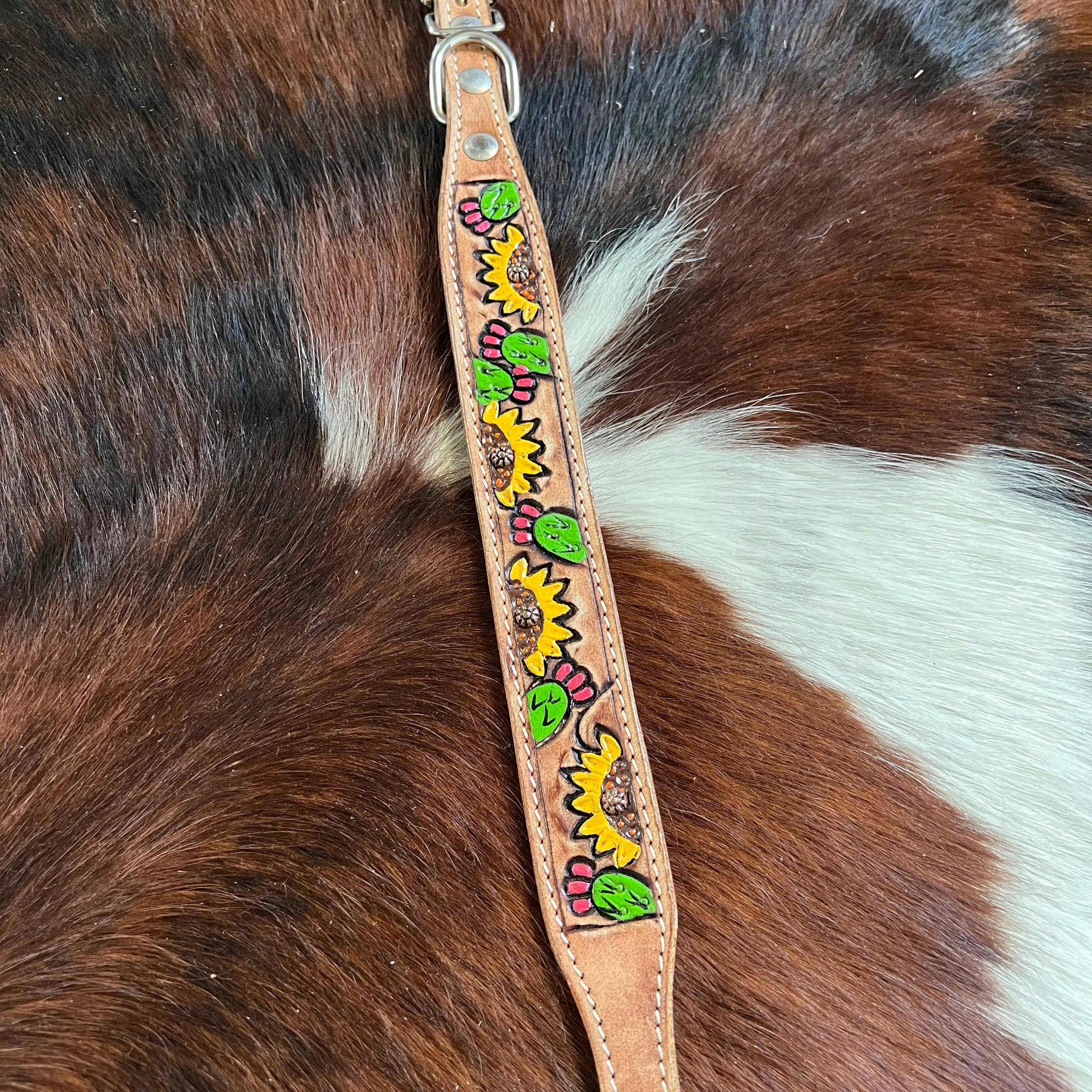 Sunflowers & Cactus Hand Painted Leather Dog Collar Dog