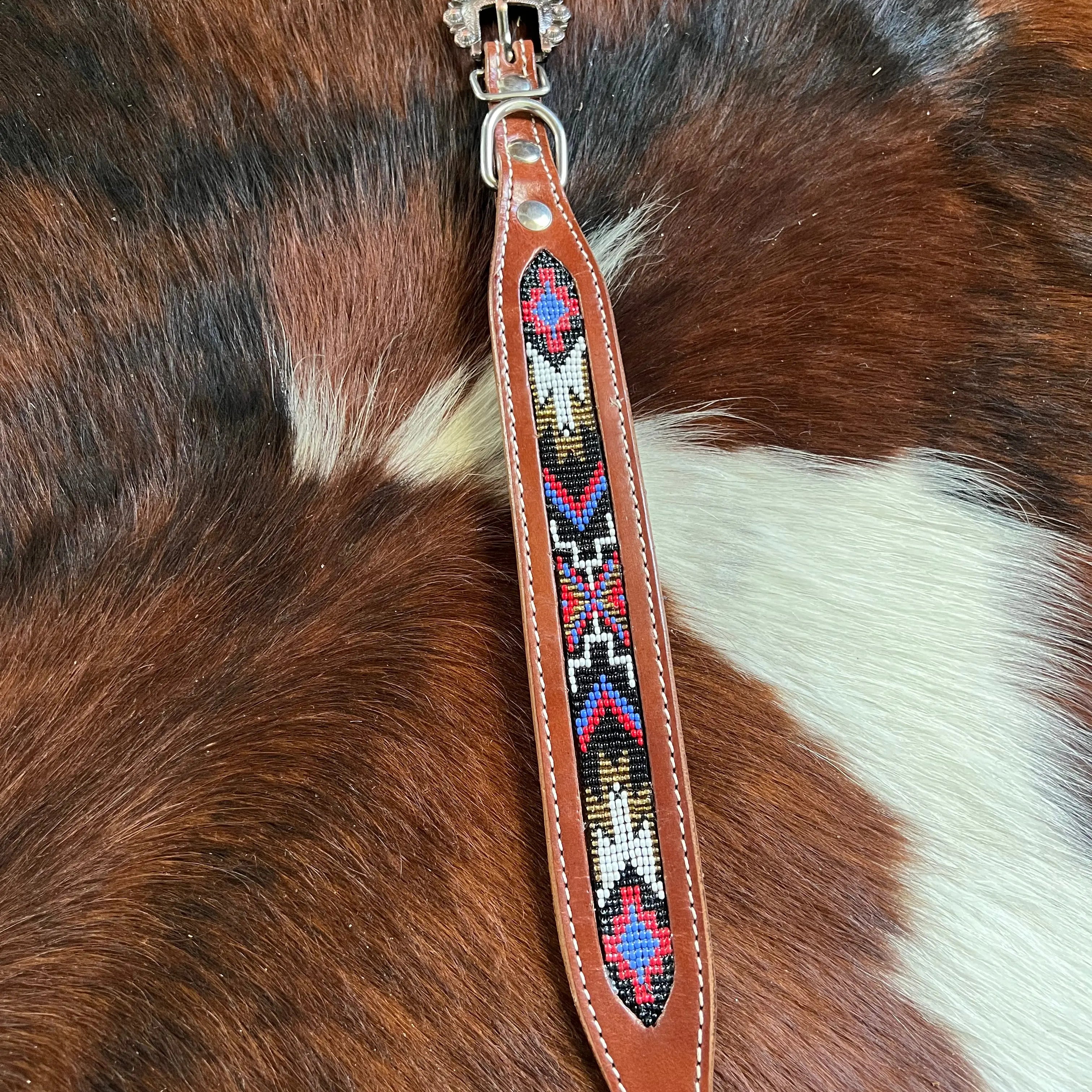Genuine leather dog collar with red, black, periwinkle, white, and gold southwest beaded inlay design Dog