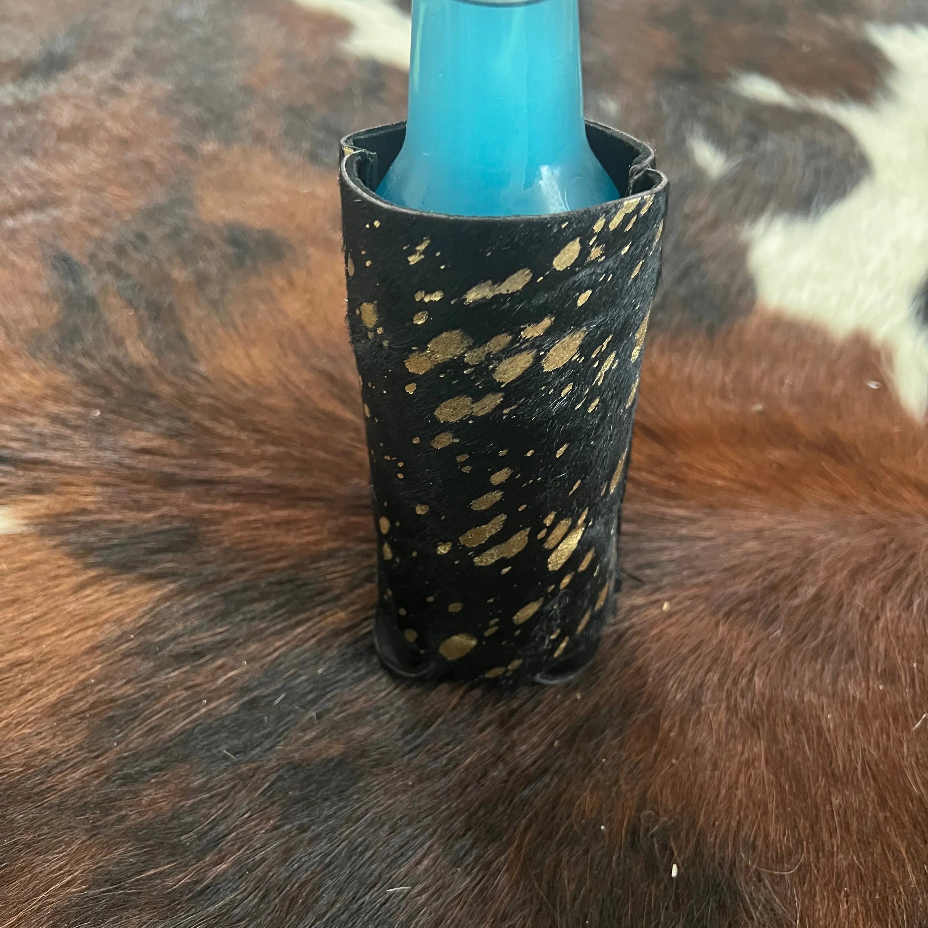Black and Gold Acid Wash Hair on Cowhide Slim Can Holder