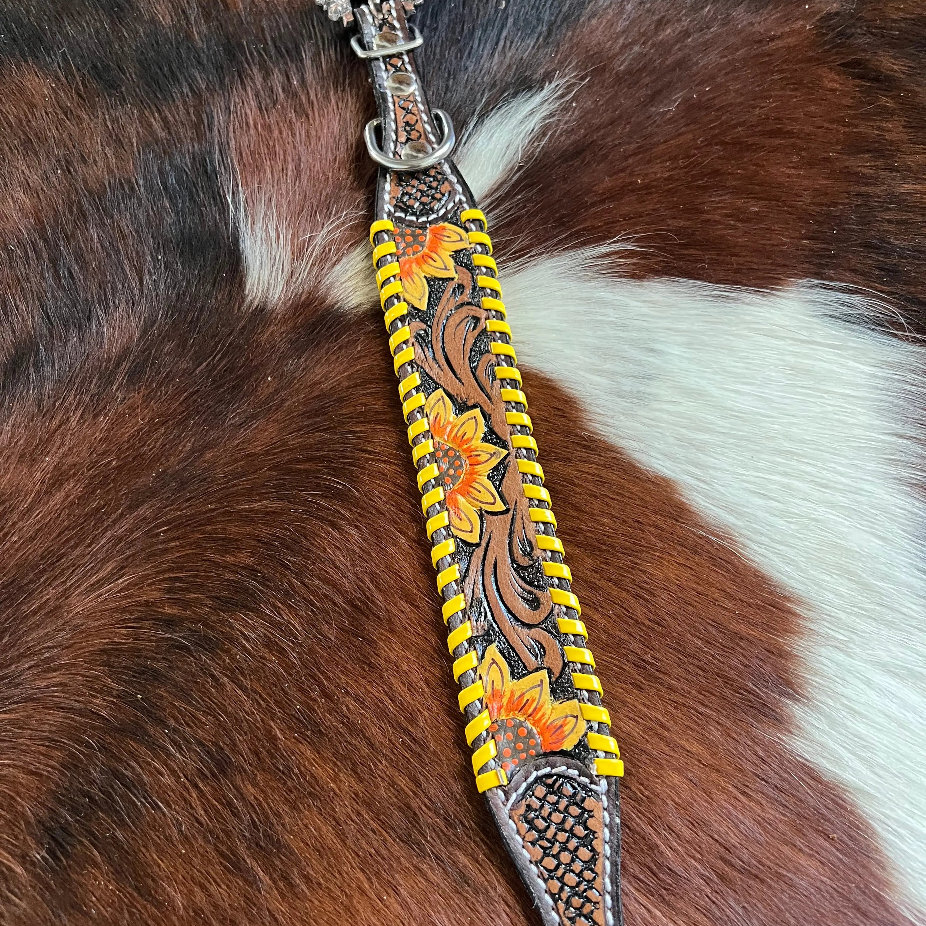 Leather Dog Collar Sunflower tooled leather dog collar with yellow laced trim Dog