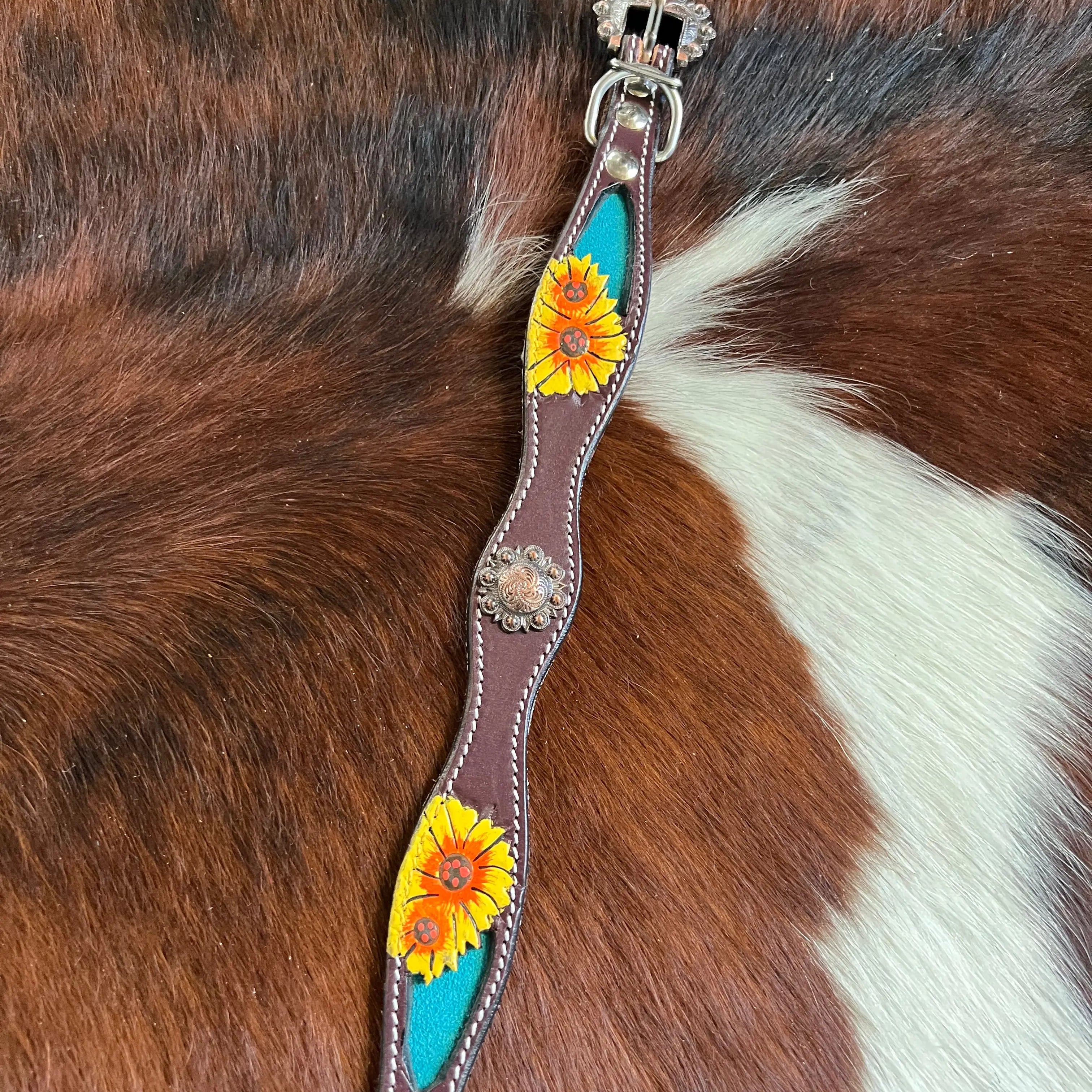 Hand Painted Sunflowers leather dog collar with copper buckle. Dog