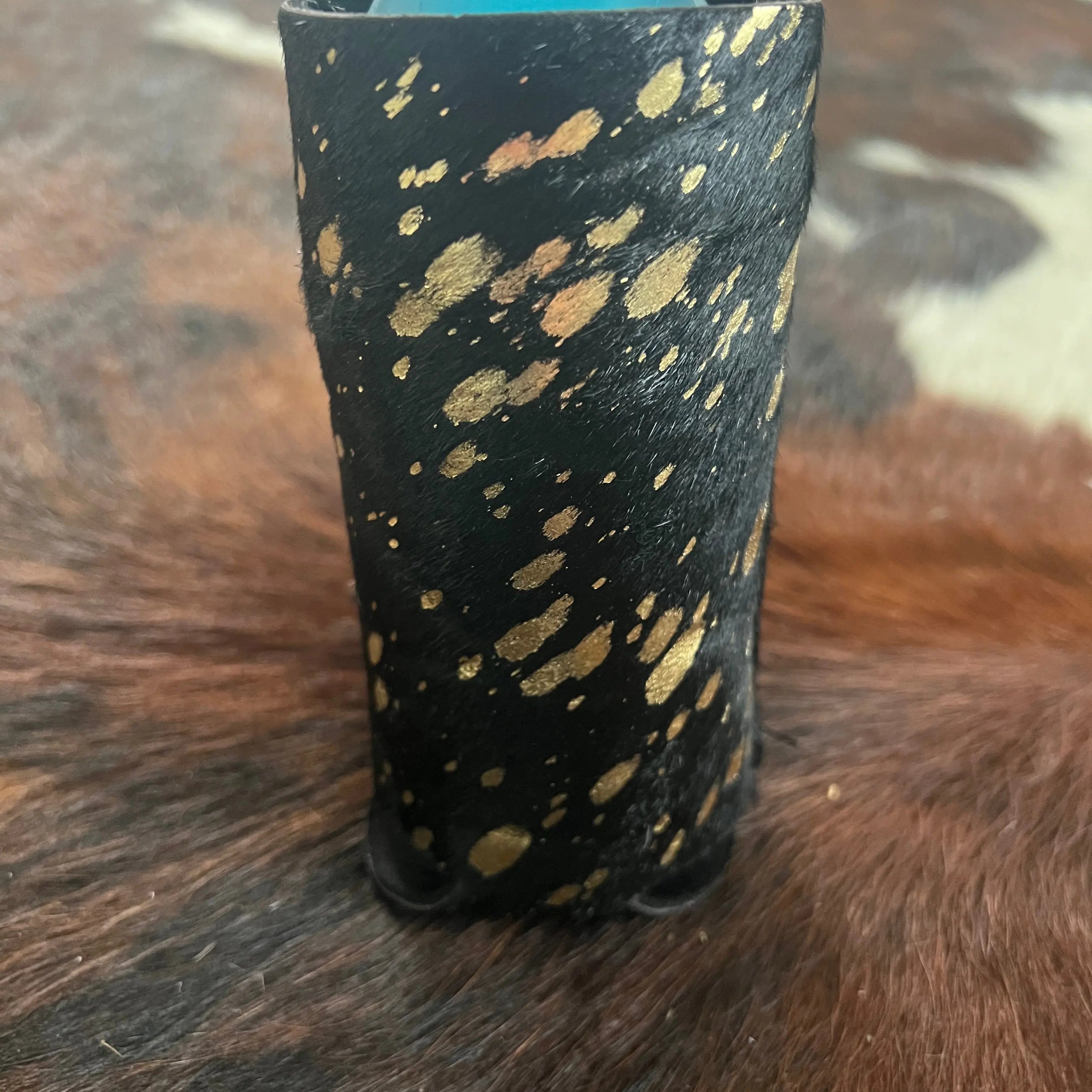 Black and Gold Acid Wash Hair on Cowhide Slim Can Holder