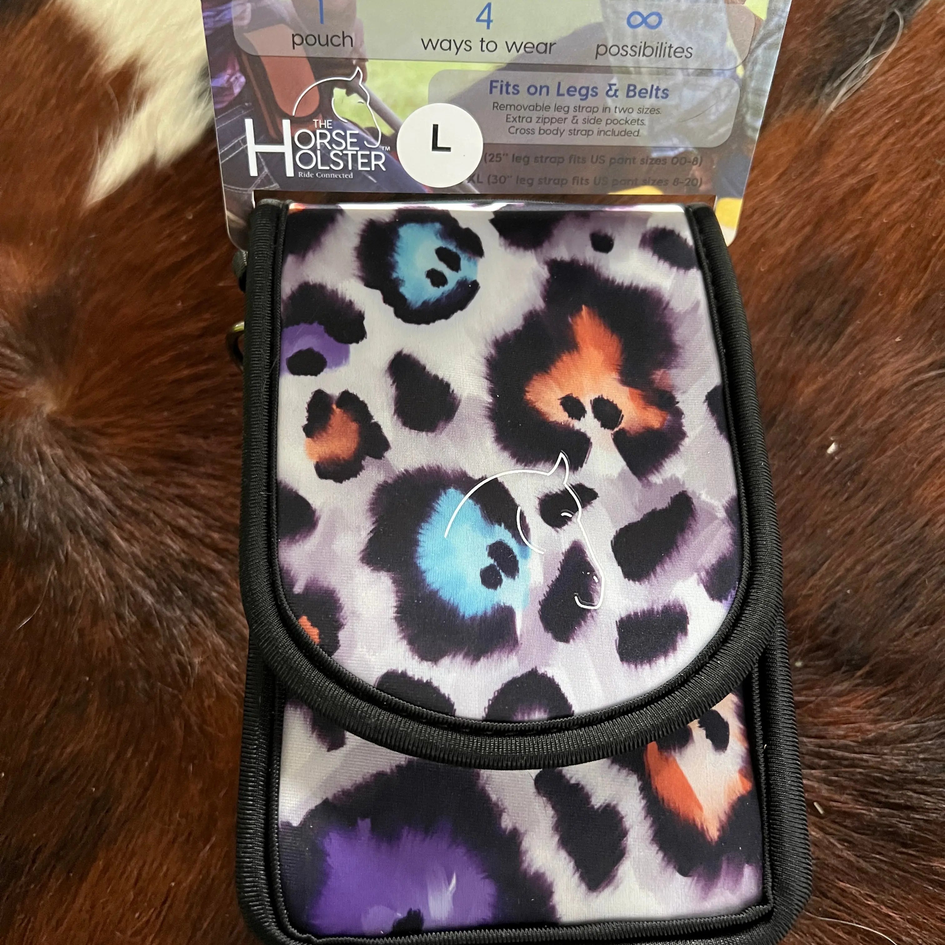 Vibrant multicolored leopard-print Horse Holster phone pouch with horse logo