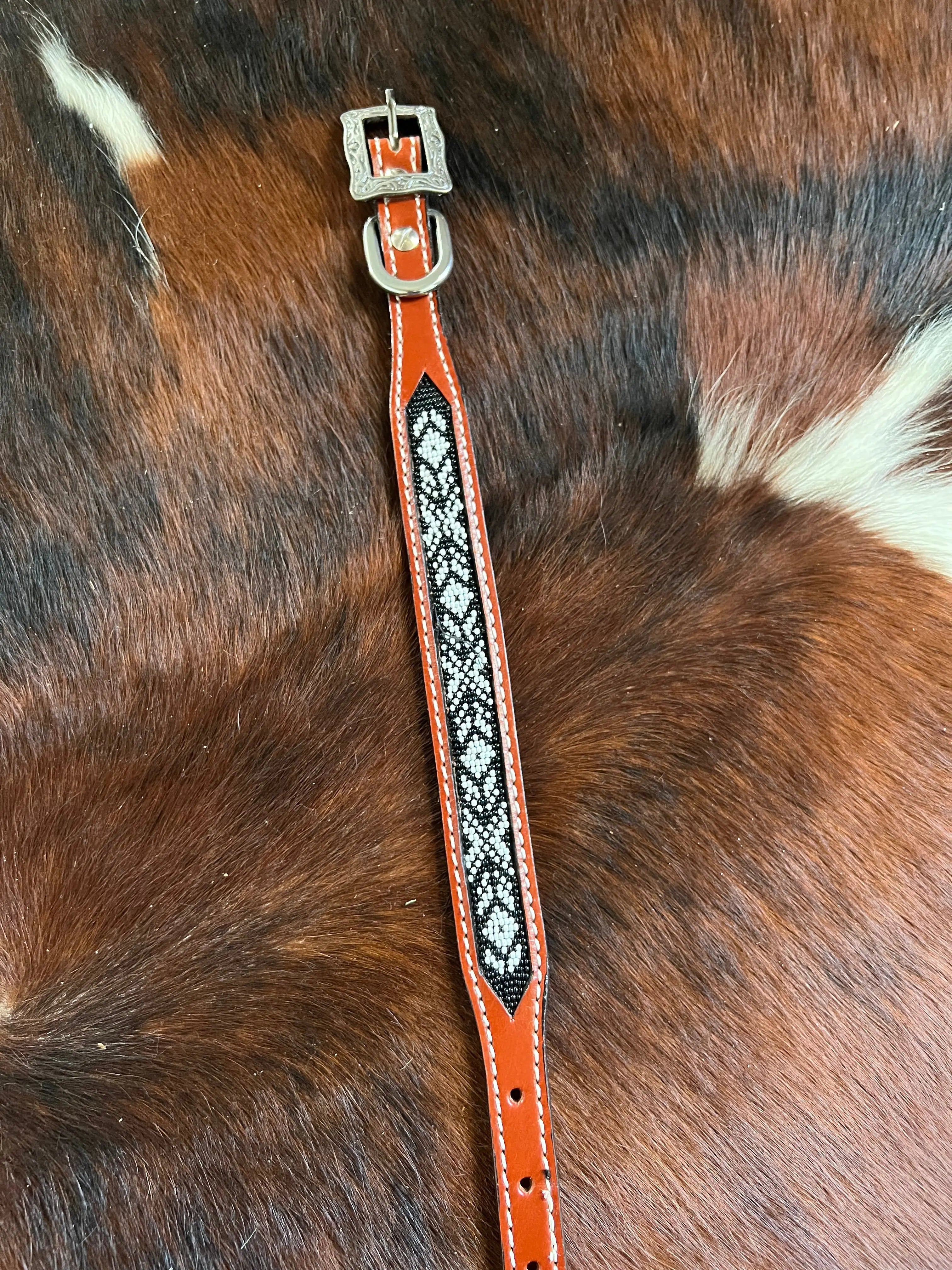 Leather Black & White Beaded Inlay Dog Collar Dog