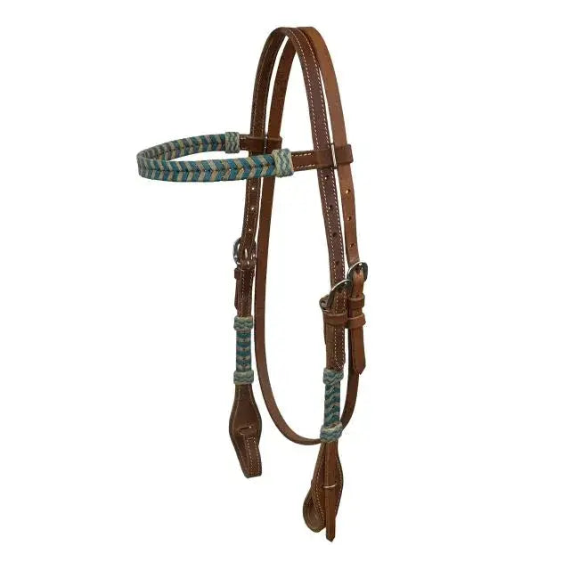 Brown leather Argentina cow headstall with teal rawhide accents