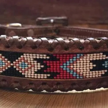 Genuine leather dog collar with red, white, and black southwest beaded inlay design, a leather wrapped edge Dog