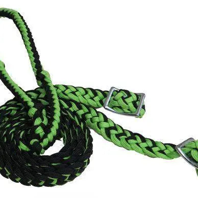 Braided Nylon Barrel Reins with Easy Grip Knots Lime Green Black Horse