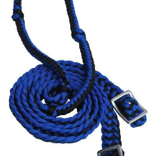 Braided Nylon Barrel Reins with Easy Grip Knots Black Blue Horse