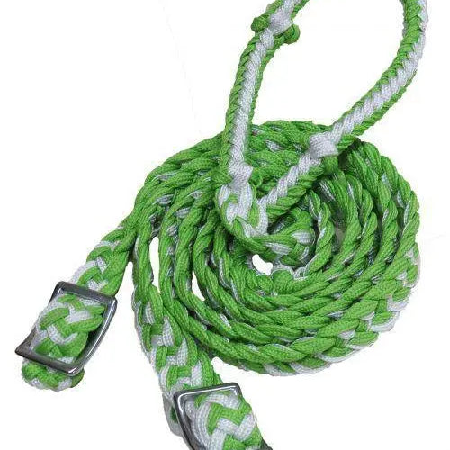 Braided Nylon Barrel Reins with Easy Grip Knots Lime Green White Horse