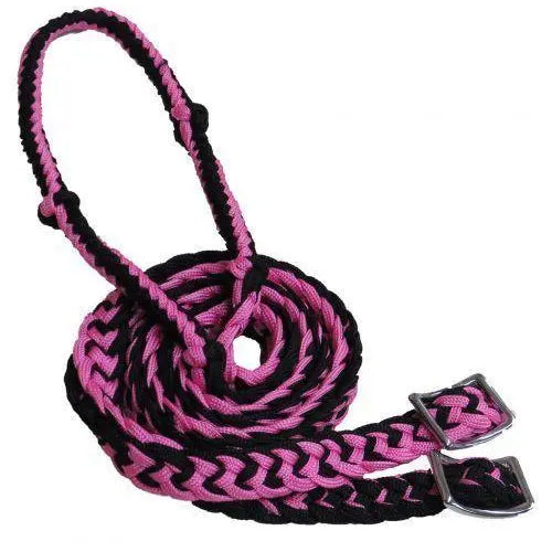 Braided Nylon Barrel Reins with Easy Grip Knots Black Pink Horse