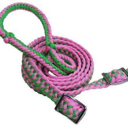 Braided Nylon Barrel Reins with Easy Grip Knots Lime Green Pink Horse