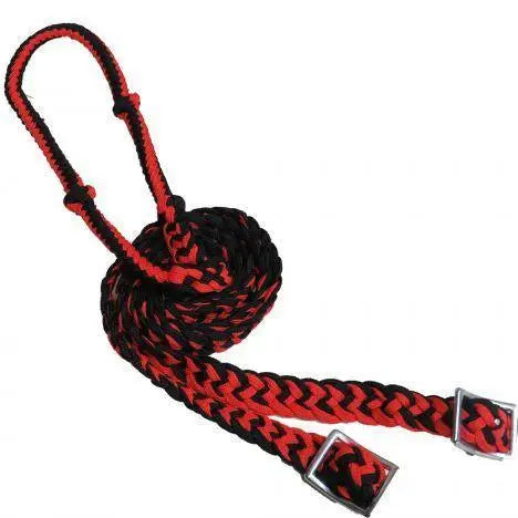 Braided Nylon Barrel Reins with Easy Grip Knots Black Red Horse