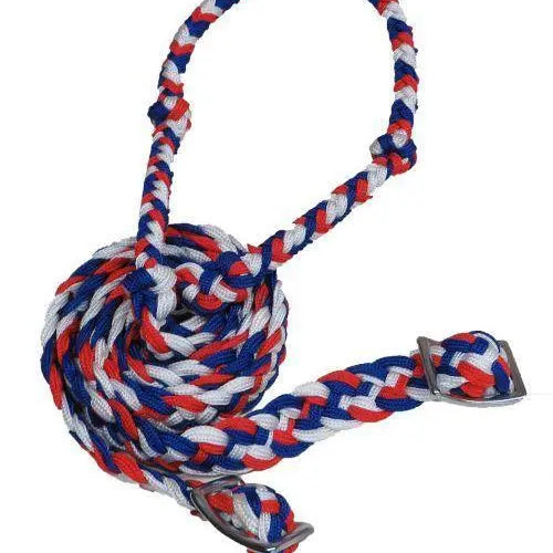 Braided Nylon Barrel Reins with Easy Grip Knots Red White Blue Horse