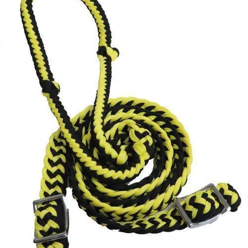 Braided Nylon Barrel Reins with Easy Grip Knots yellow Black Horse