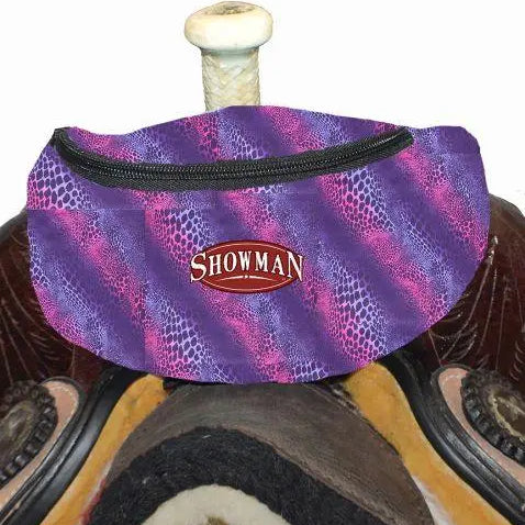 Showman insulated nylon saddle pouch in purple pink snakeskin with black zipper