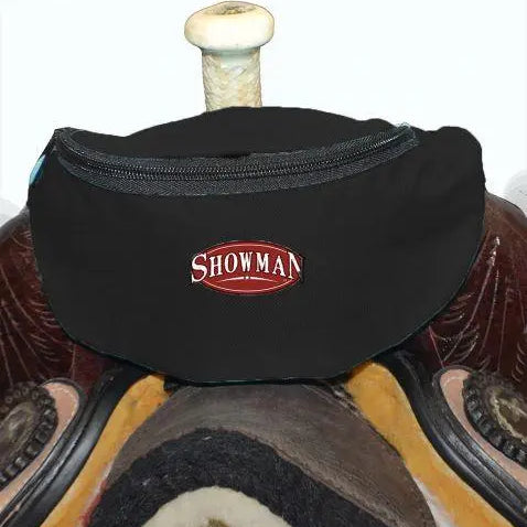 Showman insulated nylon saddle pouch with black bag and red white logo