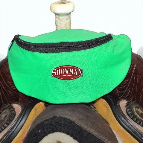 Showman insulated nylon saddle pouch with bright green fanny pack