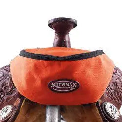 Showman insulated nylon saddle pouch in orange with black zipper logo