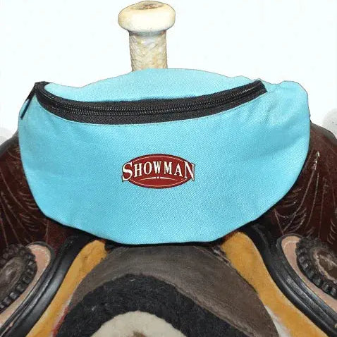Showman insulated nylon saddle pouch in light blue with red logo