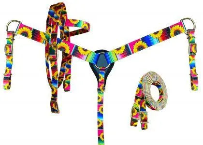 PONY SIZE Nylon Headstall & Breastcollar set With Serape and Sunflower Print Design Horse
