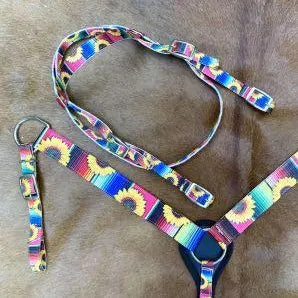 PONY SIZE Nylon Headstall & Breastcollar set With Serape and Sunflower Print Design Horse