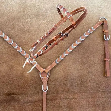 Argentina cow harness Leather browband headstall and breast collar set with hair on cowhide lacing. Horse