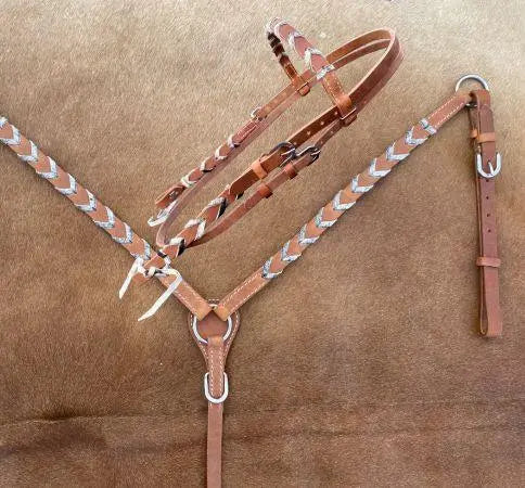 Argentina cow harness Leather browband headstall and breast collar set with hair on cowhide lacing. Horse