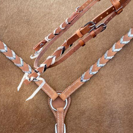 Argentina cow harness Leather browband headstall and breast collar set with hair on cowhide lacing. Horse