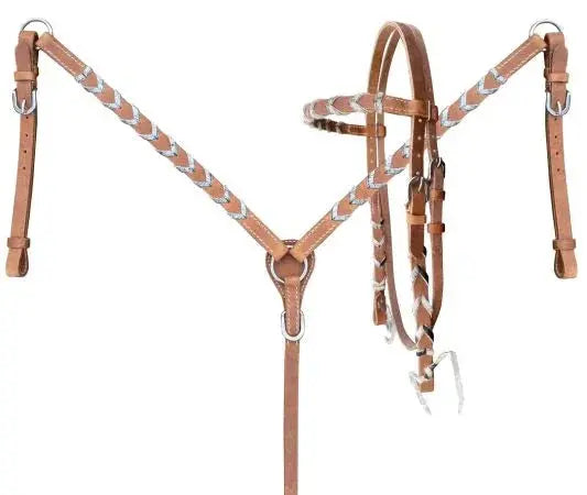Argentina cow harness Leather browband headstall and breast collar set with hair on cowhide lacing. Horse