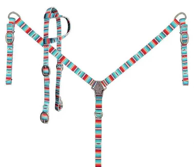 Nylon Teal Serape Southwest Print One Ear Headstall and Breastcollar Set Horse Size Horse Tack