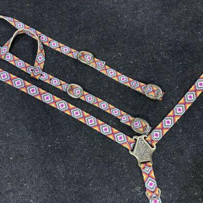 Pink Aztec Print Nylon One Ear Headstall and Breastcollar Set Horse Tack