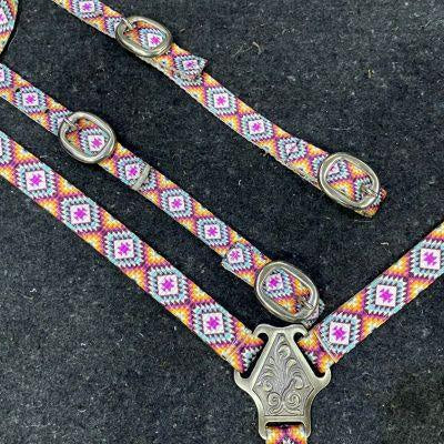 Pink Aztec Print Nylon One Ear Headstall and Breastcollar Set Horse Tack