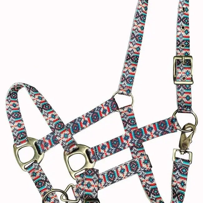 Premium Nylon Horse Sized Halter with Teal/Orange Southwest Print Horse