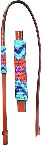 4ft Leather over & under whip with teal, purple, and orange beaded overlay. Horse