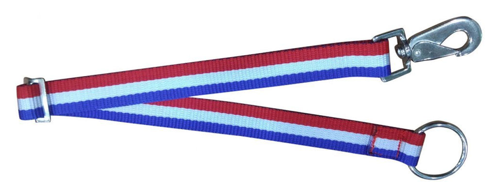 Showman® 1" Red, White, and Blue nylon adjustable bucket hanger with snap and ring - KP Pet Supply