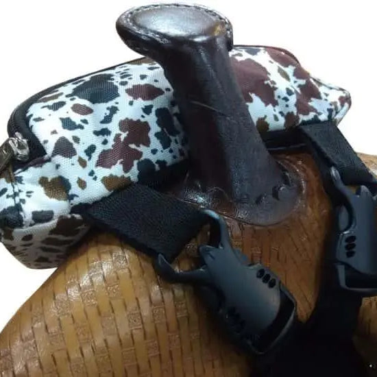 Cow print insulated nylon saddle pouch with black leather accents