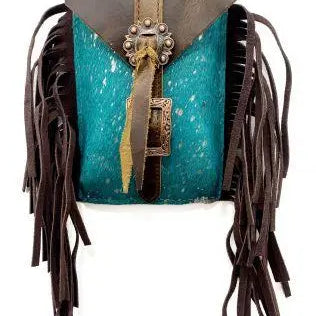 Back of acid wash teal turquoise cowhide saddle bag with brown fringe buckle