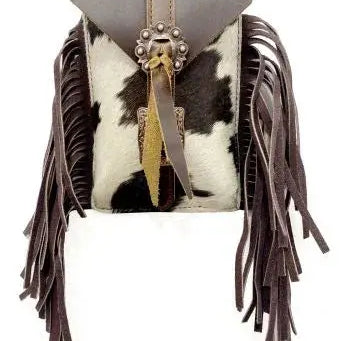 Back of hair on cowhide saddle bag rear cinch with black white pattern fringes buckle