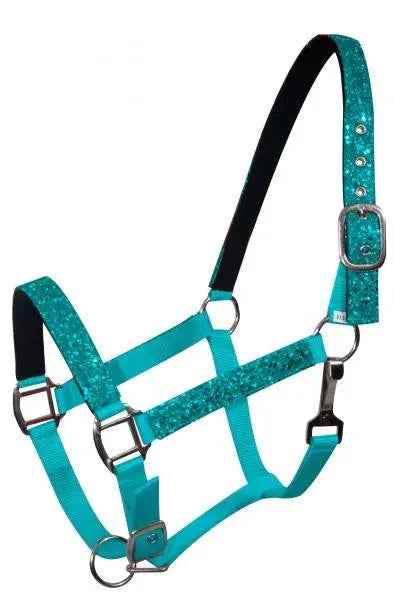 Average horse size nylon halter with neoprene lined nose and crown.