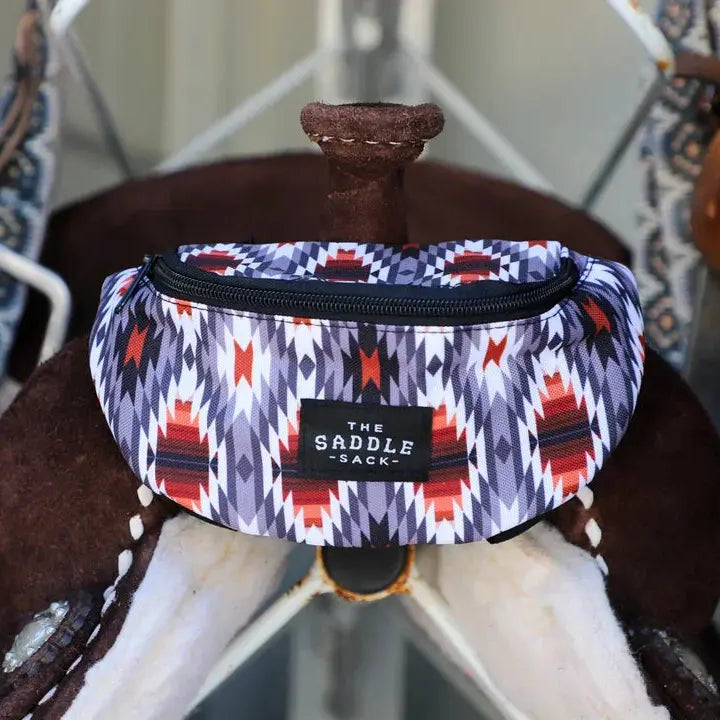 The Saddle-Sack: purple, red, white geometric patterned saddle sack