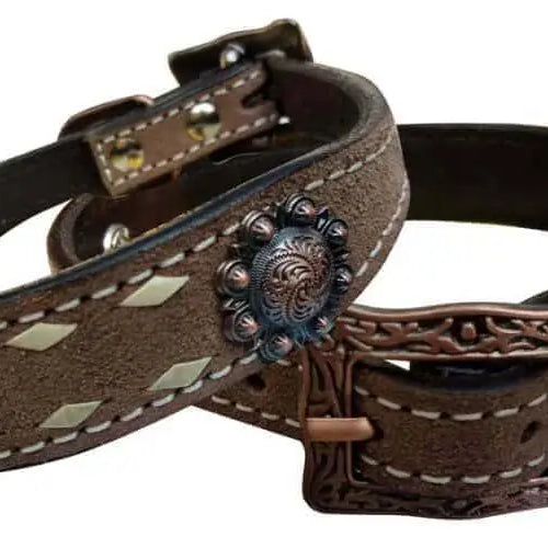 Rough Out leather dog collar with natural buckstitch trim Dog