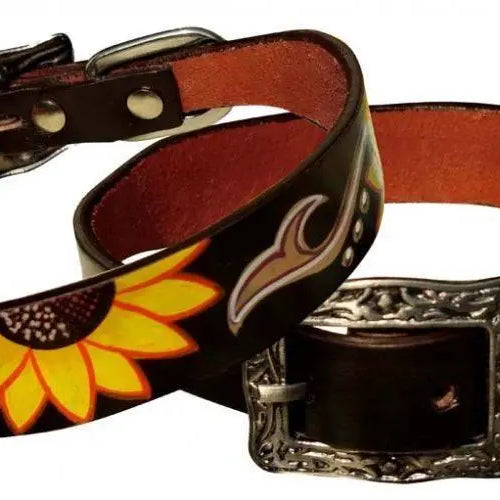 Sunflower Overlay Leather Dog Collar Dog