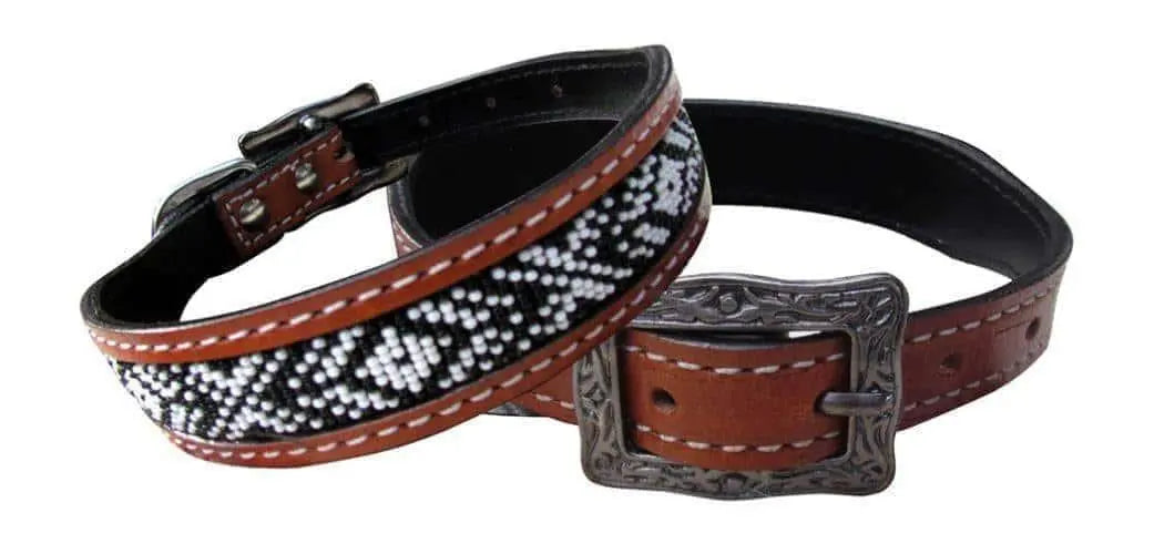Leather Black & White Beaded Inlay Dog Collar Dog