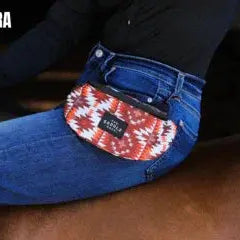 Red white patterned Saddle Sack hip pouch with black zipper