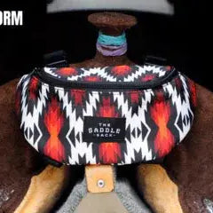 The Saddle Sack vibrant saddlebag with bold red black geometric patterns