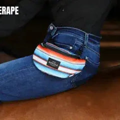 Teal Saddle Sack fanny pack with orange white blue serape stripes
