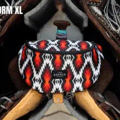Saddle Sack XL firestorm saddlebag with red black tribal patterns