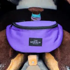 Purple Saddle Sack with black zipper and rectangular label