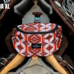 Saddle Sack XL red and white patterned bag with black zipper pull
