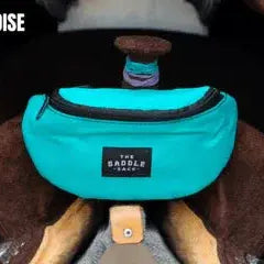 Turquoise Saddle Sack with black trim and rectangular label